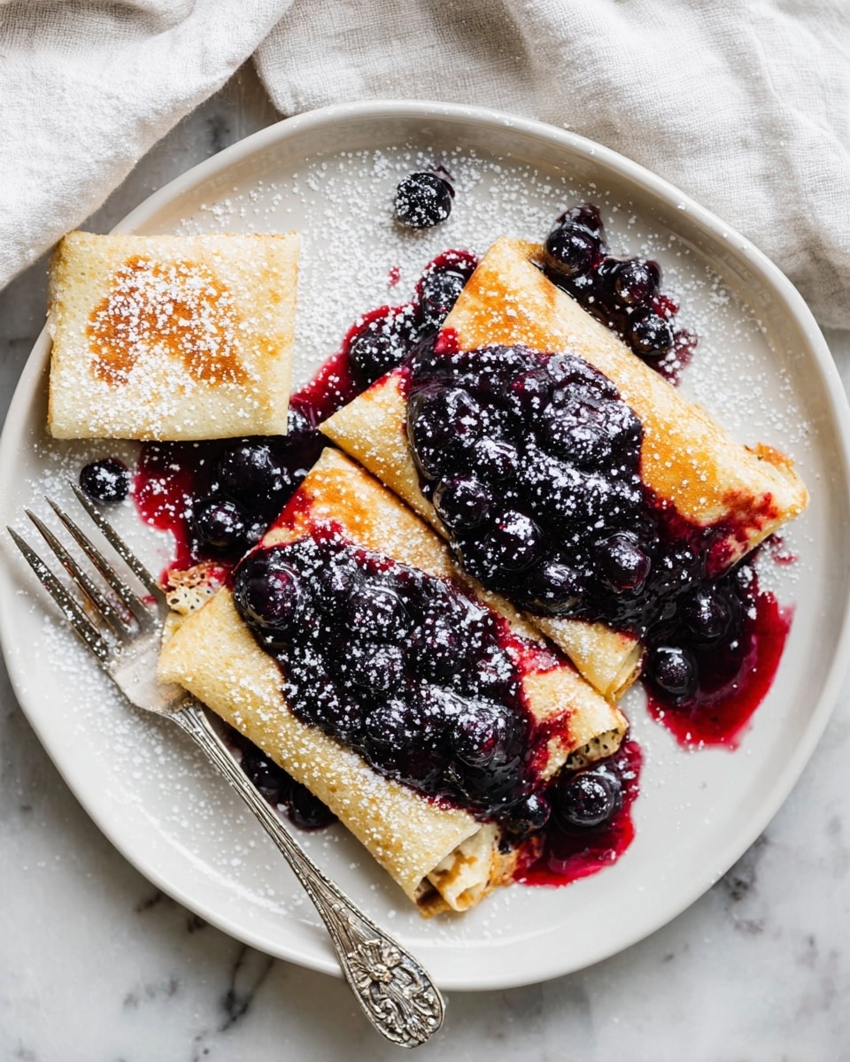 A white plate holds three rolled, golden-yellow crepes with a soft and smooth texture. Two crepes are whole, gently covered with a shiny, deep purple and red blueberry sauce full of whole blueberries. The third crepe is partially unrolled, showing a creamy white filling inside. The blueberry sauce pools around the crepes on the plate, with some blueberries scattered on the plate. A light dusting of powdered sugar is sprinkled over the crepes and the sauce. A silver fork rests on the edge of the plate. The plate sits on a white marbled surface. photo taken with an iphone --ar 4:5 --v 7