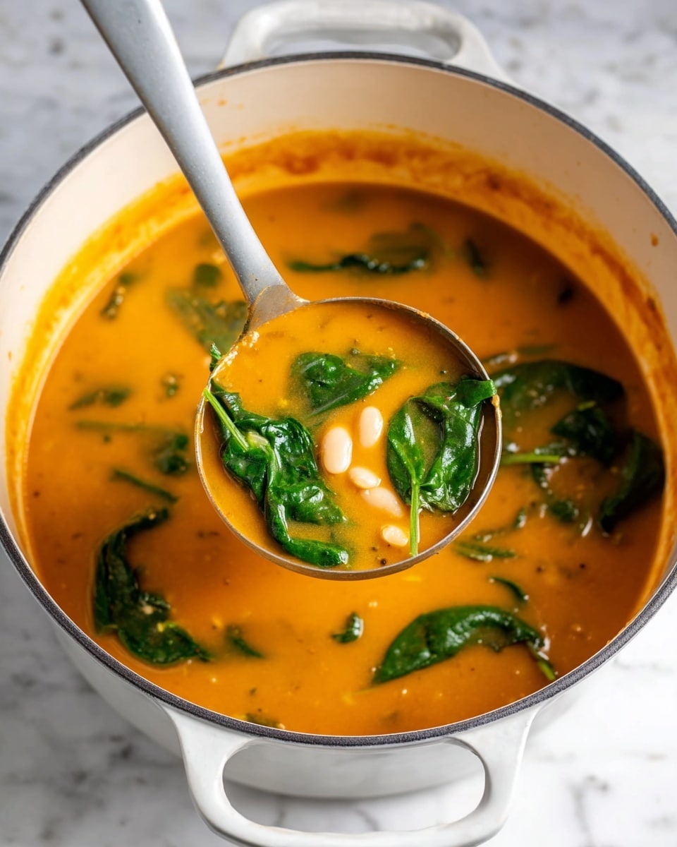 A large white pot filled with thick, orange soup sits on a white marbled surface. The soup has visible fresh green spinach leaves and small white beans floating in it. A metal ladle lifts a scoop of the soup, showing the smooth orange broth with the green spinach and white beans clearly visible. The handle of the pot and ladle are light gray and silver, respectively. photo taken with an iphone --ar 4:5 --v 7