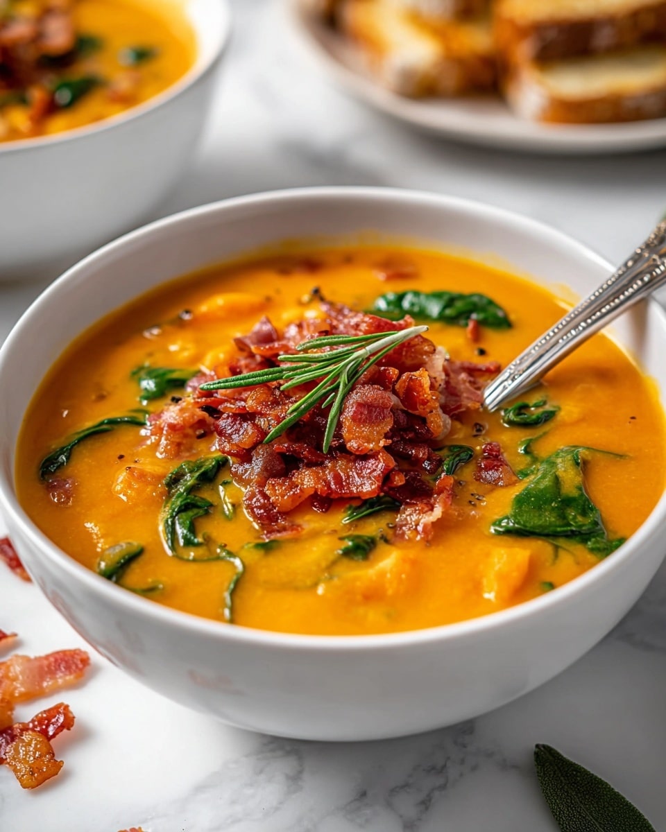 Two white bowls filled with creamy orange soup are placed on a white marbled surface. Each bowl has a smooth, thick layer of orange soup with visible leafy green spinach pieces inside. On top, there is a layer of crisp, reddish-brown bacon bits centered with a small sprig of green herb. One bowl has a silver spoon resting inside it. In the background, there is a white basket with toasted bread slices sprinkled with black pepper. Some spinach leaves are also scattered on the surface near the bowls. Photo taken with an iphone --ar 4:5 --v 7