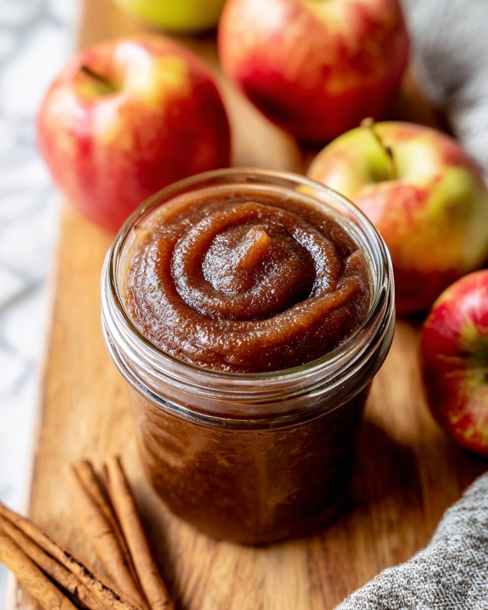 A clear glass jar filled with smooth, brown apple butter, showing swirled texture on top; around the jar are several whole red and yellow apples with shiny skin, cinnamon sticks placed nearby, all set on a white marbled surface with soft-focus green leaves and a folded gray cloth in the background, photo taken with an iphone --ar 4:5 --v 7