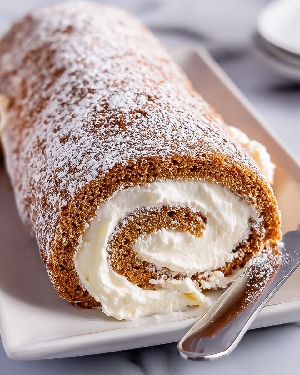 A close-up view of a rolled cake with two main layers. The outer layer is a light brown soft cake dusted with white powdered sugar, slightly textured and spongy. Inside, there is a thick layer of creamy white filling with a smooth, fluffy texture that fills the cake roll completely. The roll is placed on a white rectangular plate on a white marbled surface. In the background, a silver knife is visible near the cake roll's side. Photo taken with an iphone --ar 4:5 --v 7