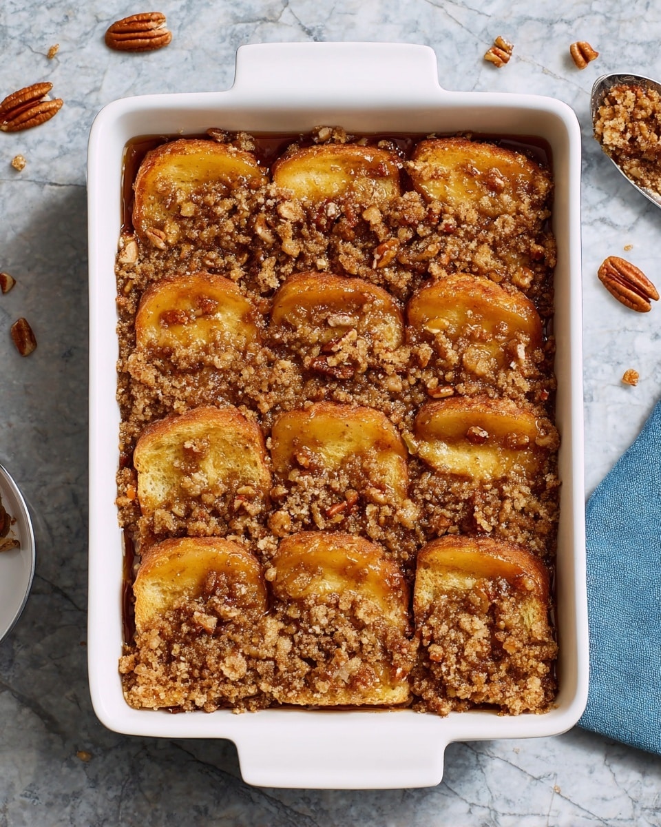 A white rectangular baking dish filled with two layers of thick orange slices of baked squash arranged side by side in two neat rows. The squash slices have a slightly browned edge showing they are cooked well. The top layer is a crumbly golden brown streusel with small chunks of nuts scattered evenly, covering the whole surface except for the edges where some squash is visible. The dish sits on a white marbled textured surface with some pecan pieces sprinkled around it. photo taken with an iphone --ar 4:5 --v 7