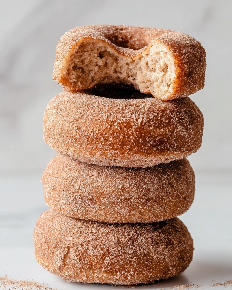 A stack of four cinnamon sugar donuts is shown against a white marbled background. The bottom three donuts are whole, evenly coated in a rough, sparkling layer of cinnamon sugar with a light brown color and slightly textured surface. The top donut is broken with a visible bite, showing a soft, moist, and crumbly inside that is a lighter beige color. The donuts are arranged neatly one on top of the other, with the broken part facing forward to highlight the inside texture. photo taken with an iphone --ar 4:5 --v 7