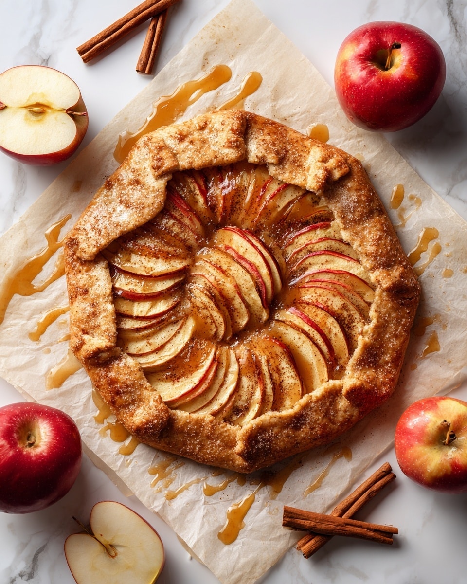 A close-up view of slices of rustic apple tart placed on parchment paper over a white marbled surface, showing a rough and golden-brown crust with a sprinkling of coarse sugar on top; each tart slice has a base layer of light beige dough, followed by thinly sliced apples arranged in a neat overlapping pattern, colored pale cream with hints of red skin; the top is glazed with a thick caramel sauce drizzled unevenly over the apples and crust, adding a shiny amber tone; a whole tart is visible in the background with a slice cut out, and a red apple sits off to the side; photo taken with an iphone --ar 4:5 --v 7