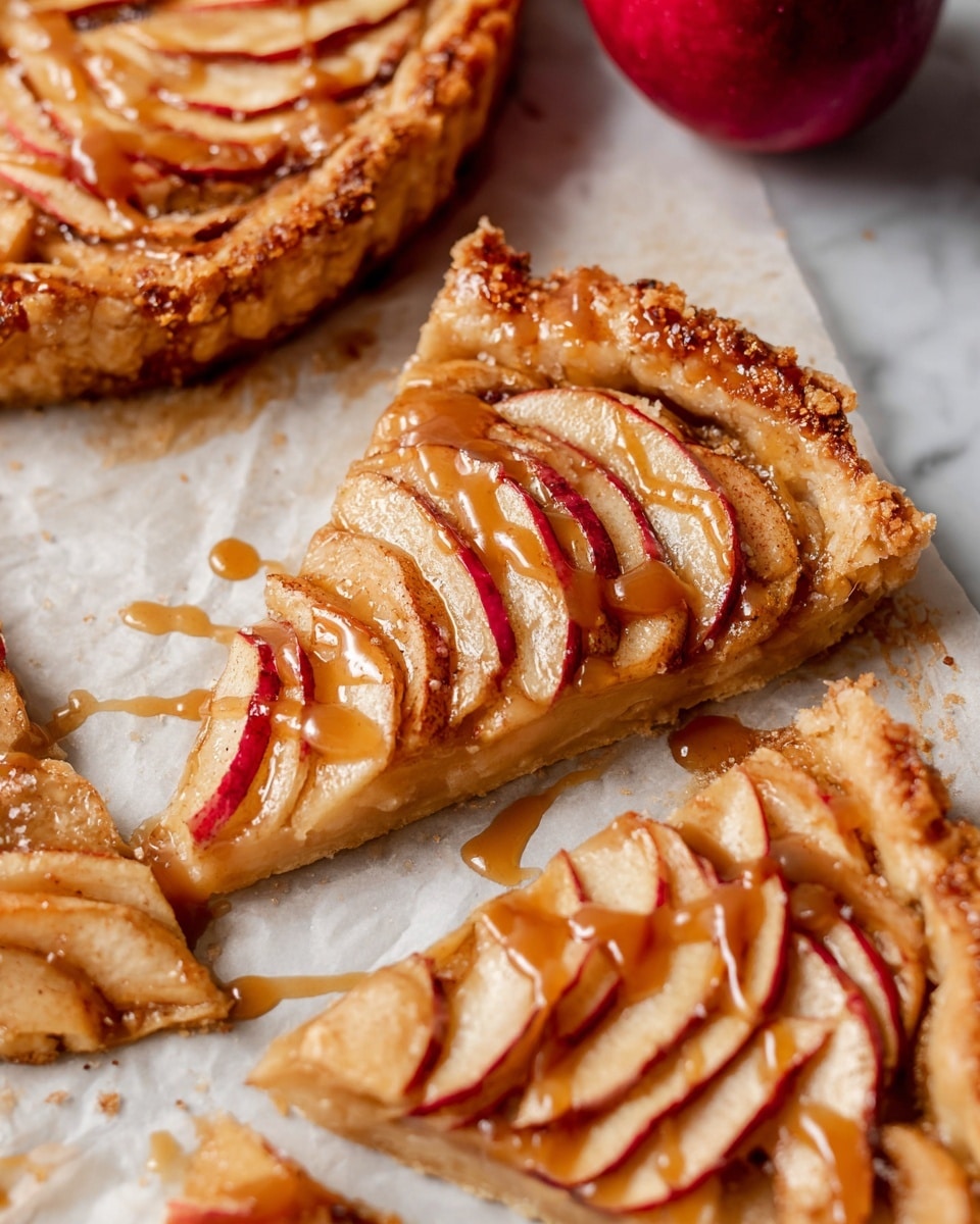 A round apple galette with a thick, golden-brown crust folded inward around thin, overlapping slices of red and cream apple covered in cinnamon, all drizzled with light brown caramel sauce. The galette sits on a square piece of parchment paper on a white marbled surface, surrounded by a glass of milk, two whole red apples, a small white bowl of caramel sauce with a wooden spoon, some cinnamon sticks, a gray textured cloth, and two copper forks. Photo taken with an iphone --ar 4:5 --v 7
