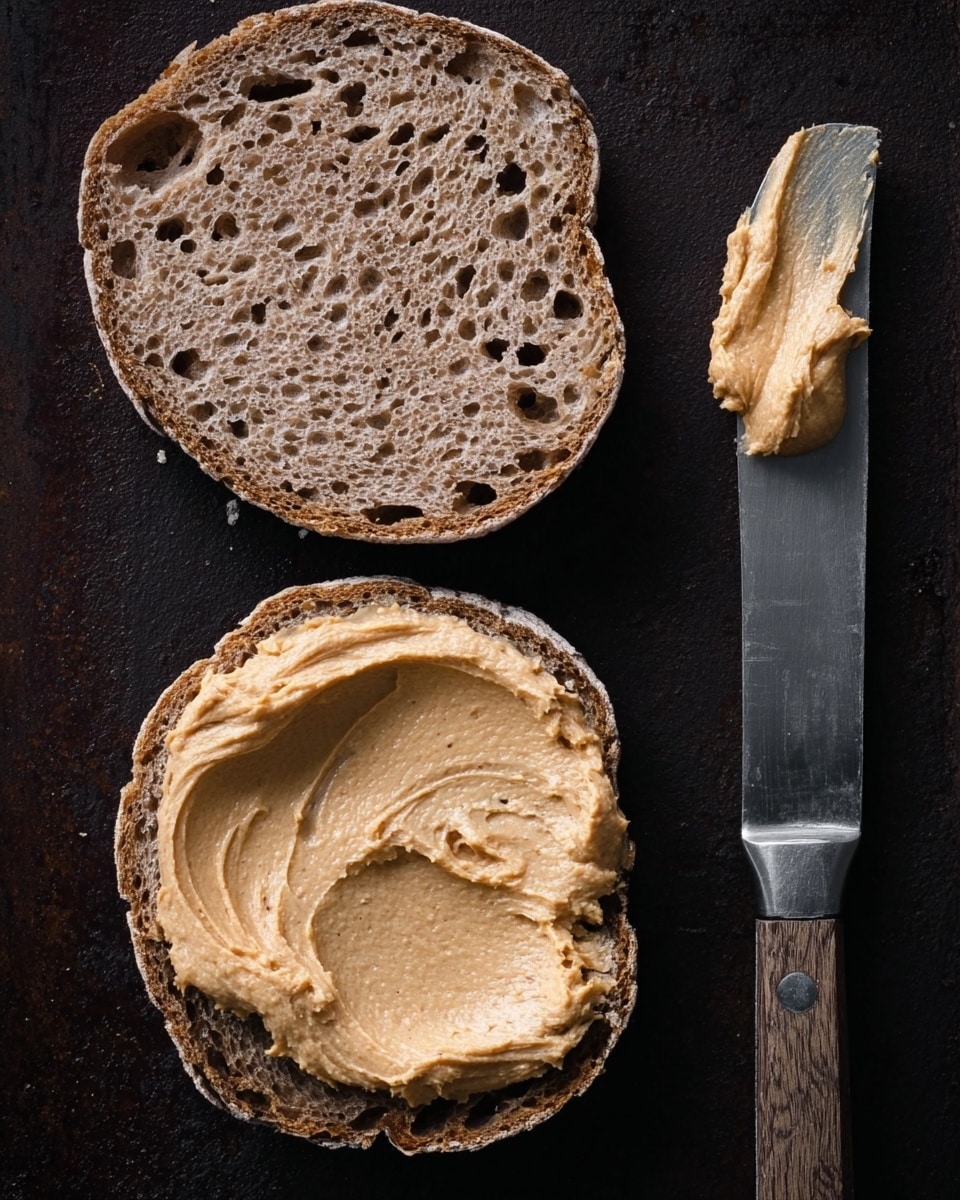 A close-up top view shows two halves of a dark brown bread roll with a coarse texture and visible holes in the crumb. One half is plain while the other half is spread thickly with a creamy light brown paste that has a smooth, slightly whipped texture. Next to the bread sits a knife with a wooden handle and a small dollop of the same light brown spread on its blade. The background is a dark surface. Photo taken with an iphone --ar 4:5 --v 7