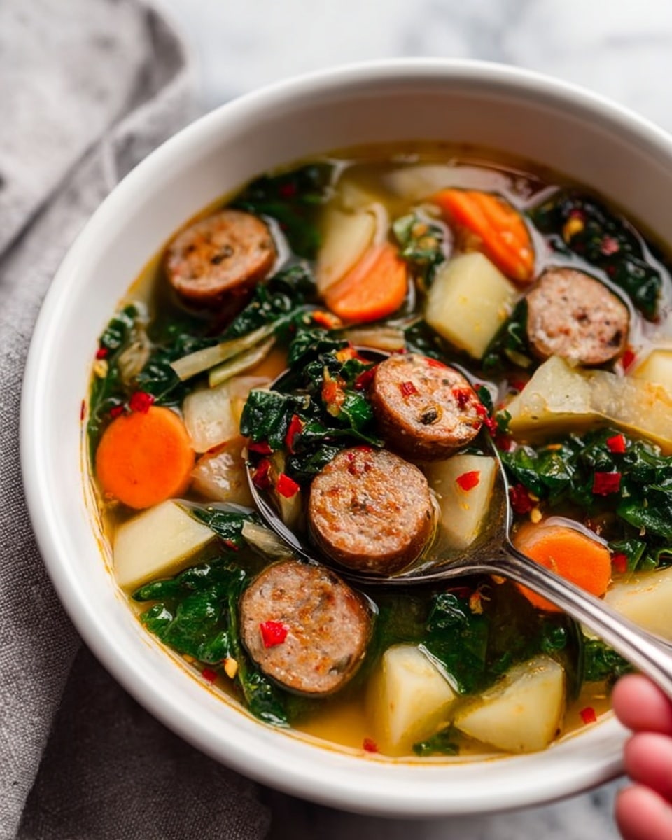 A white bowl filled with a clear broth soup, showing three layers of ingredients. The bottom layer is light beige diced potatoes with a slightly soft texture, followed by a layer of chopped dark green leafy vegetables. Floating on top are round slices of brown sausage with red pepper flakes embedded, accompanied by bright orange carrot slices with a soft smooth texture. The bowl is placed on a white marbled surface with a woman's hand holding a silver spoon resting in the soup, ready to scoop. photo taken with an iphone --ar 4:5 --v 7