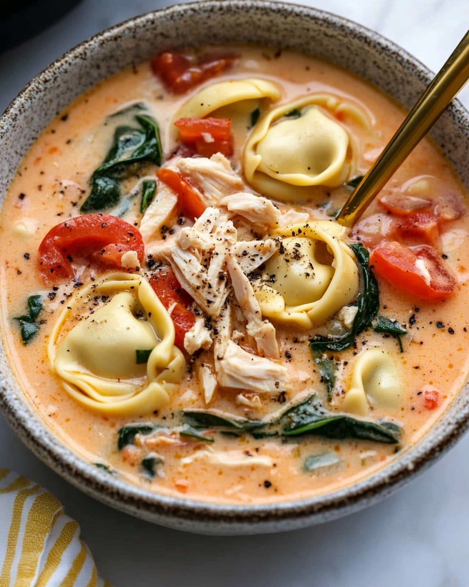 A close-up view of a white bowl filled with creamy soup showing about four main layers: smooth light orange creamy broth, chunks of red tomato, pieces of shredded light brown meat, dark green leafy spinach, and small light yellow stuffed pasta in ring shapes floating on top. A gold spoon rests inside the bowl, scooping up a bit of pasta, spinach, and meat covered in broth. The bowl sits on a white marbled surface with a beige and white striped cloth beside it. The colors are warm and inviting with a slight sprinkle of black pepper on top. photo taken with an iphone --ar 4:5 --v 6.1