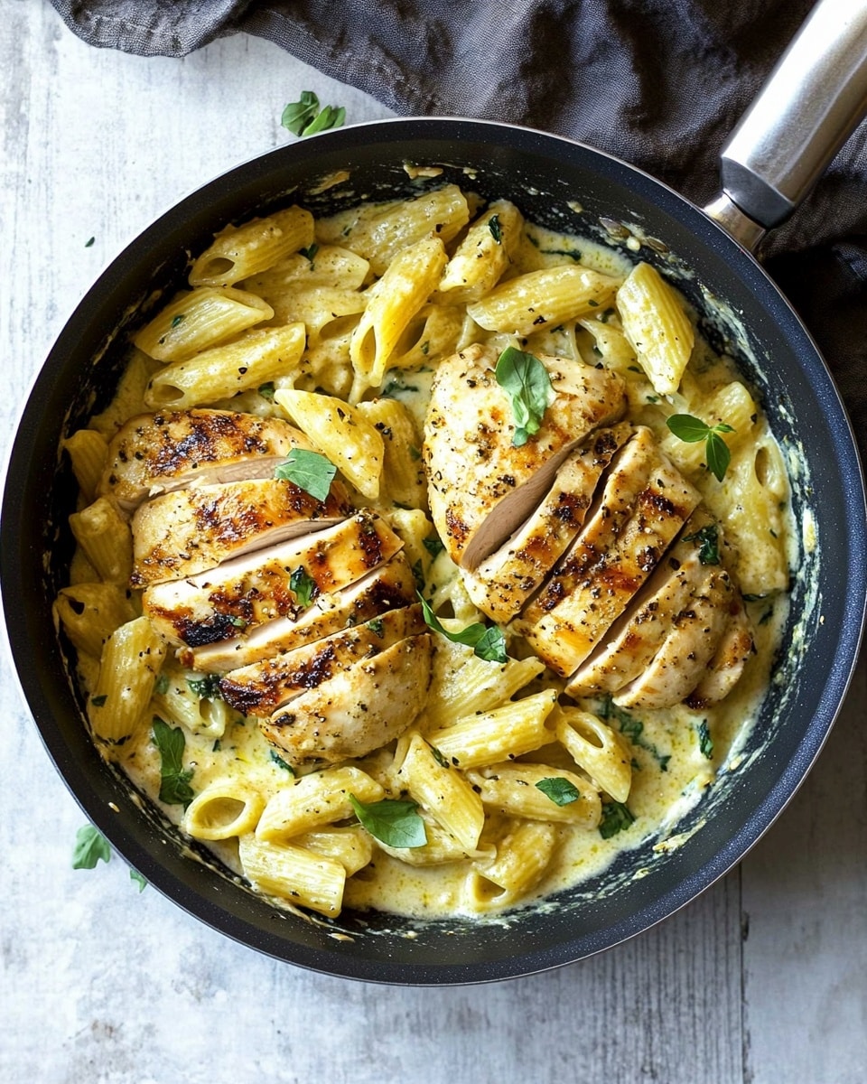 A frying pan on a white marbled surface holds two golden brown sliced grilled chicken pieces placed at the center, lying on top of a creamy sauce mixed with short twisted pasta shells. The pasta is light yellow, coated evenly with the sauce, and scattered around the chicken with fresh green herb leaves on top. The pan handle extends to the right and there is a dark cloth partially visible underneath the top right side of the pan. photo taken with an iphone --ar 4:5 --v 6.1