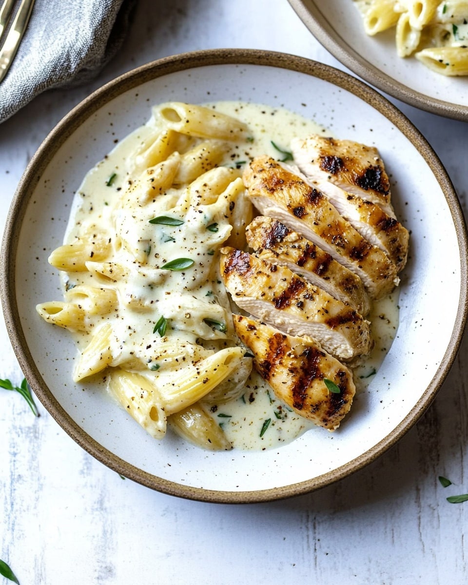 A white plate with a thin brown rim holds a dish of creamy pasta and sliced golden brown grilled chicken. The pasta is covered in a thick white sauce speckled with herbs and small green leaves, with short tube-shaped noodles arranged in a loose pile to the left side of the plate. On the right, a piece of grilled chicken sliced into five pieces showcases a shiny, browned surface with a slight glaze. The plate rests on a white marbled surface, and part of another similar plate with more creamy pasta sits in the top left corner. A fork rests on the top plate's edge. photo taken with an iphone --ar 4:5 --v 6.1