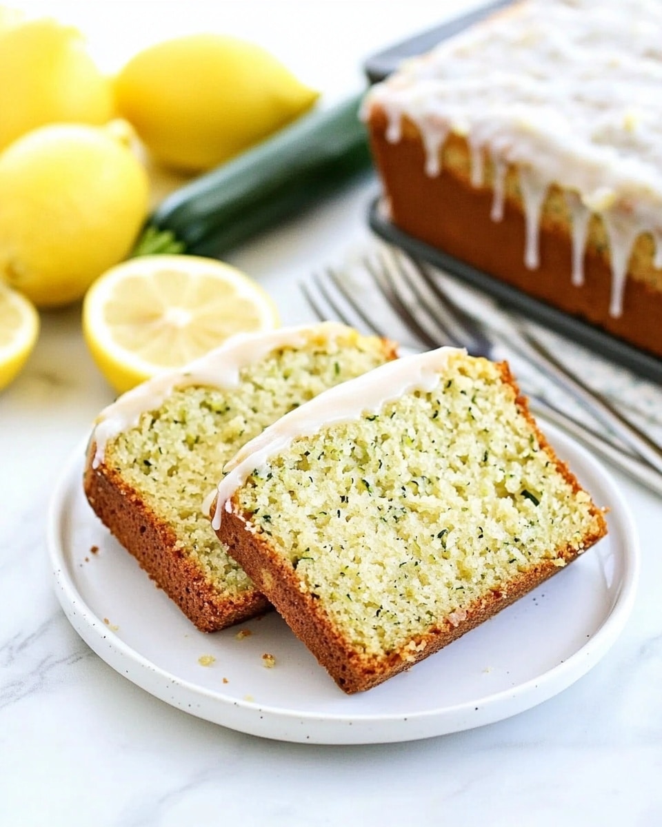 Two slices of light yellow zucchini bread with small green specks are placed side by side on a round white plate. The bread has a soft, moist texture and is topped with a thin layer of white icing that drips slightly over the edges. Behind the plate, a loaf pan with more glazed zucchini bread sits on a white marbled surface, accompanied by a whole lemon, a halved lemon, and several small green zucchinis. Two silver forks rest nearby, completing the scene. Photo taken with an iphone --ar 4:5 --v 6.1