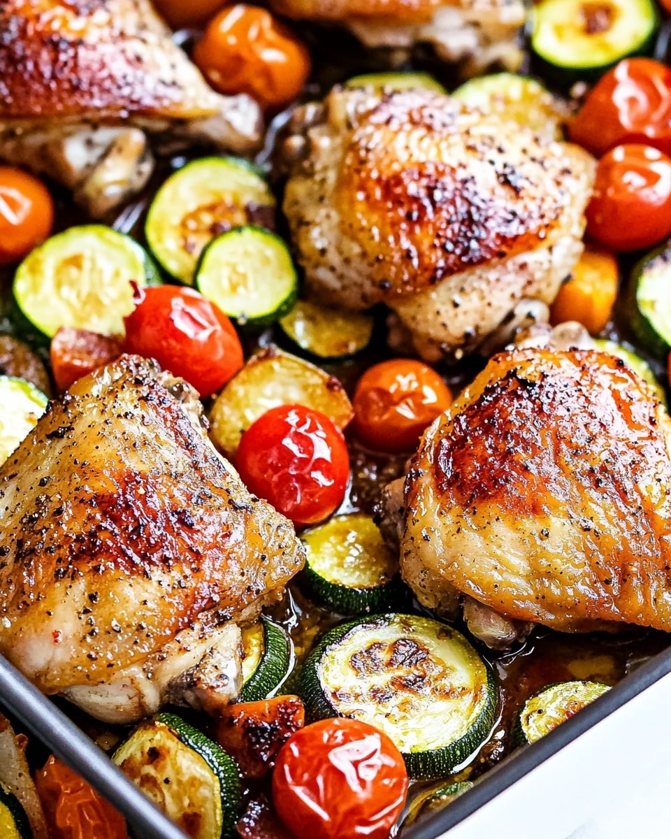 The image shows a close-up of a pan filled with cooked chicken thighs and roasted vegetables. There are three chicken thighs with golden-brown, slightly crispy skin and small black pepper specks on top, placed on the right and bottom sides. Surrounding the chicken are chopped pieces of green zucchini with charred edges and bright red cherry tomatoes, some whole and some halved, giving a colorful contrast. The vegetables look shiny and moist with a light glaze of oil or sauce. A white utensil is placed in the pan, partially visible among the food. The background surface is a white marbled texture. photo taken with an iphone --ar 4:5 --v 6.1