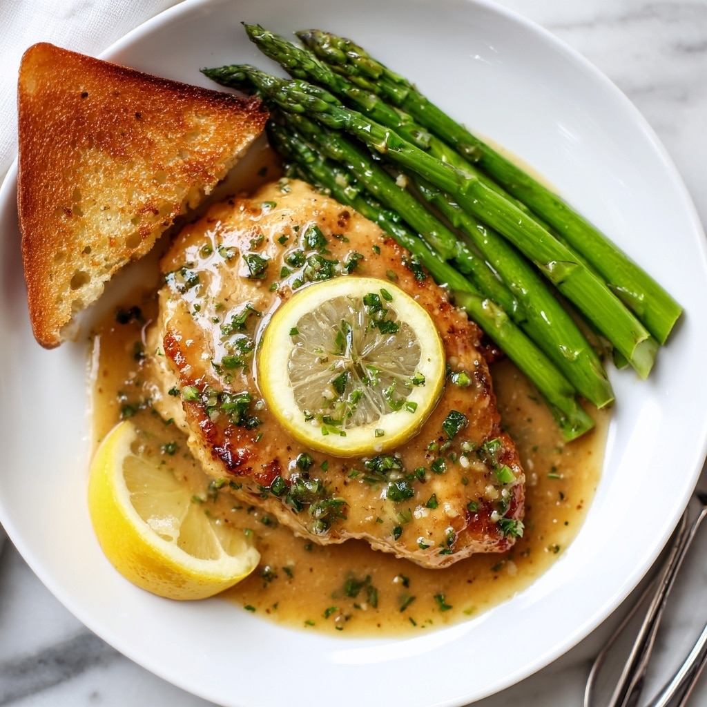 The image shows a white plate with a golden brown cooked piece of meat covered in a light brown sauce with green herbs sprinkled on top. A round slice of lemon rests on top of the meat, soaking some of the sauce. Next to the meat, there are several bright green, cooked asparagus spears arranged in a neat line. In the bottom left corner of the plate, there is a small wedge of lemon with a bright yellow color. Part of a triangular slice of toasted bread with a golden brown crust is visible on the left side. The plate is set on a white marbled surface, and a silver fork is partially visible near the bottom right corner of the frame. photo taken with an iphone --ar 4:5 --v 6.1