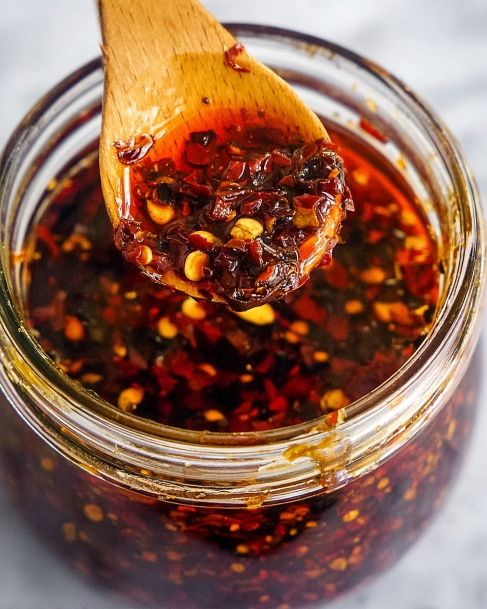 A close-up image of a wooden spoon lifting a thick dark red chili oil from a clear glass jar filled with the oily chili mix. The chili oil has red chili flakes, seeds, and small pieces of garlic suspended in vibrant red and orange oil layers showing glossy textures. The jar is set on a white marbled surface, highlighting the bright colors and texture details of the oily chili mix. Photo taken with an iphone --ar 4:5 --v 7