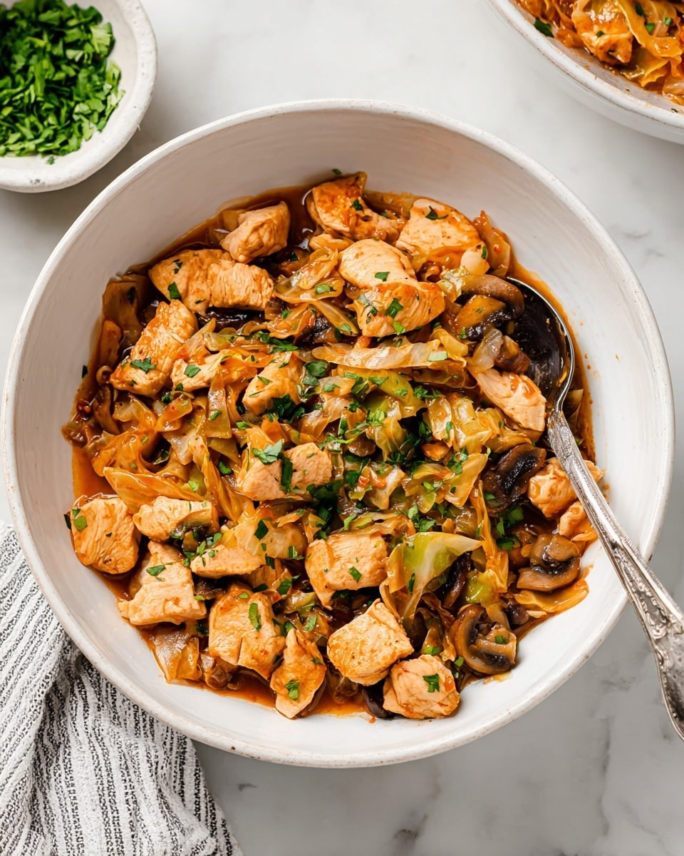 The image shows a white bowl filled with a stir-fry dish that has three main layers: the bottom layer is made of tender, cubed light brown chicken pieces; the middle layer consists of shredded, cooked cabbage with a translucent orange tint; and the top layer is sprinkled with chopped green herbs for color contrast. Interspersed throughout are small pieces of darker mushrooms and green bell peppers, all coated in a glossy, rich orange-brown sauce. A silver spoon is placed inside the bowl on the right side. The bowl sits on a white marbled surface with a small white bowl of chopped herbs in the background and a striped cloth partially visible at the bottom left corner. photo taken with an iphone --ar 4:5 --v 7