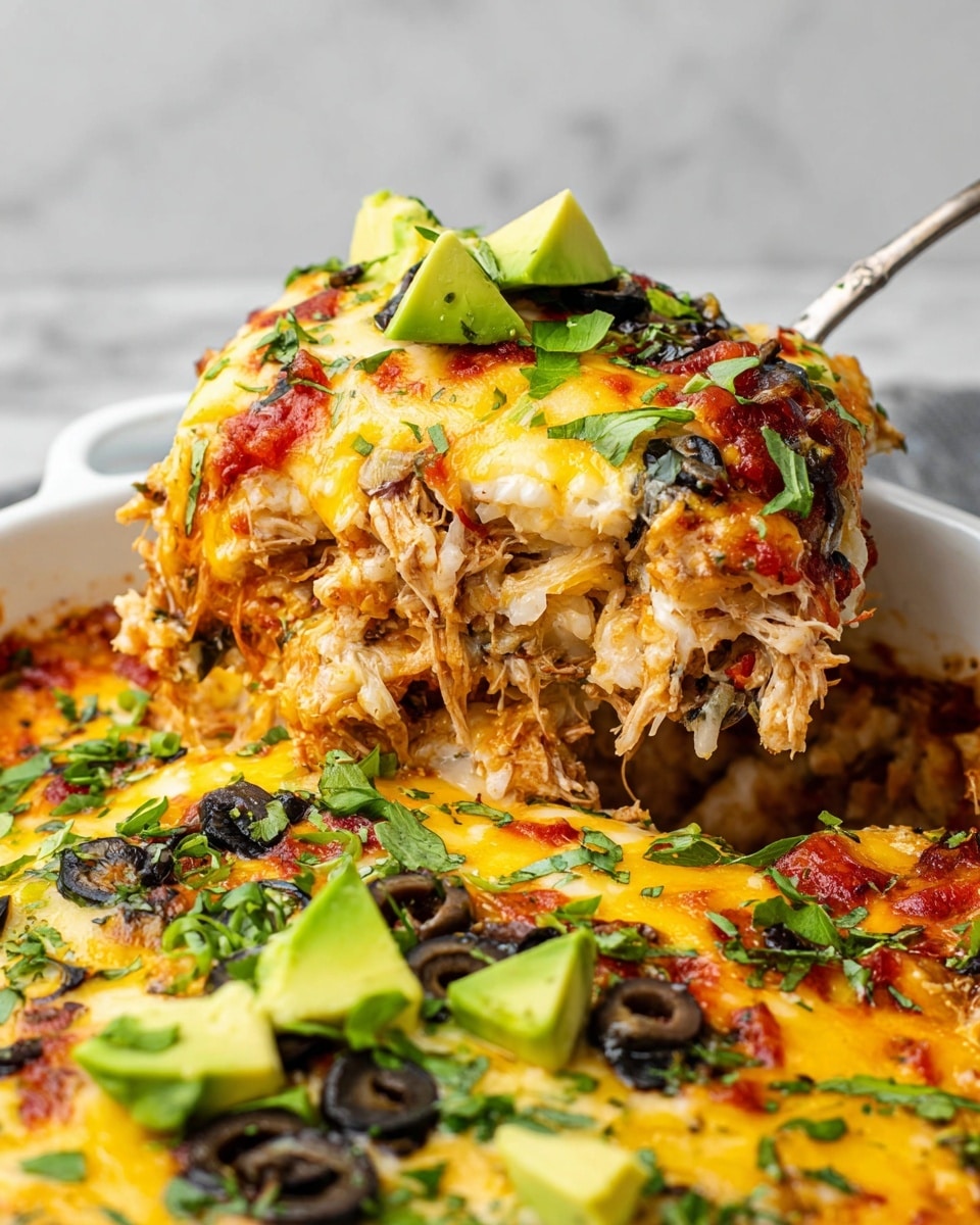 A white rectangular baking dish holds a layered casserole with a golden melted cheese top mixed with orange and white shades, scattered with small green onion slices and bright green chopped herbs. There are chunky pieces of diced light green avocado spread evenly across the surface, and dollops of red sauce add bright spots around the dish. The casserole base shows a mix of black beans and shredded light brown poultry meat, creating a textured, colorful pattern beneath the cheese. The dish rests on a white marbled surface with some green herbs and a light green fabric napkin nearby. photo taken with an iphone --ar 4:5 --v 7
