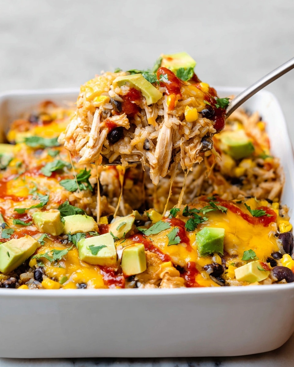 A white rectangular dish filled with a layered casserole. The bottom layer is cooked rice mixed with black beans and corn, showing a soft, grainy texture. On top of this is shredded cooked chicken with a light brown color, evenly spread. The next layer is melted yellow cheddar cheese, gooey and stretchy, with spots of red salsa drizzled across. Scattered on top are fresh green cilantro leaves and small cubes of light green avocado. A spoon lifts a portion, showing the layers stretching with melted cheese and chunks of colorful ingredients. The dish sits on a white marbled surface. Photo taken with an iphone --ar 4:5 --v 7