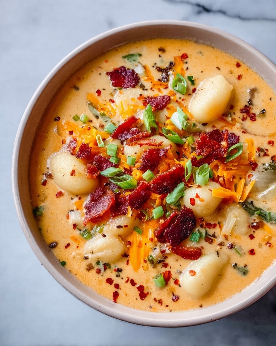 A creamy soup fills a white bowl, showing several layers and colors. The base layer is a smooth, light orange cream with a thick texture. Floating in it are small, round gnocchi, soft and pale. Scattered on top are thin strips of bright orange cheese, small crispy dark red bacon pieces, and sprinkled green sliced spring onions. Black pepper flecks and tiny red chili flakes add a touch of contrast throughout the soup. The bowl sits on a white marbled surface. Photo taken with an iphone --ar 4:5 --v 7
