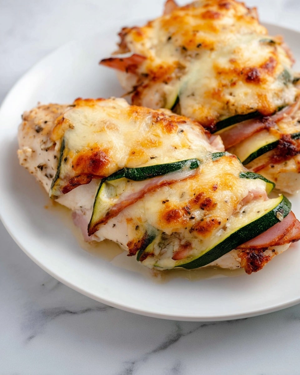 A white plate holds two pieces of chicken with layered slices of green zucchini, pink ham, and melted golden cheese baked on top. The chicken is lightly browned with seasoning visible, and the cheese is bubbly and browned in spots, covering each layer fully. The zucchini and ham alternate evenly between the chicken slices, creating colorful stripes. The background is a white marbled surface, giving a clean and simple look. photo taken with an iphone --ar 4:5 --v 7