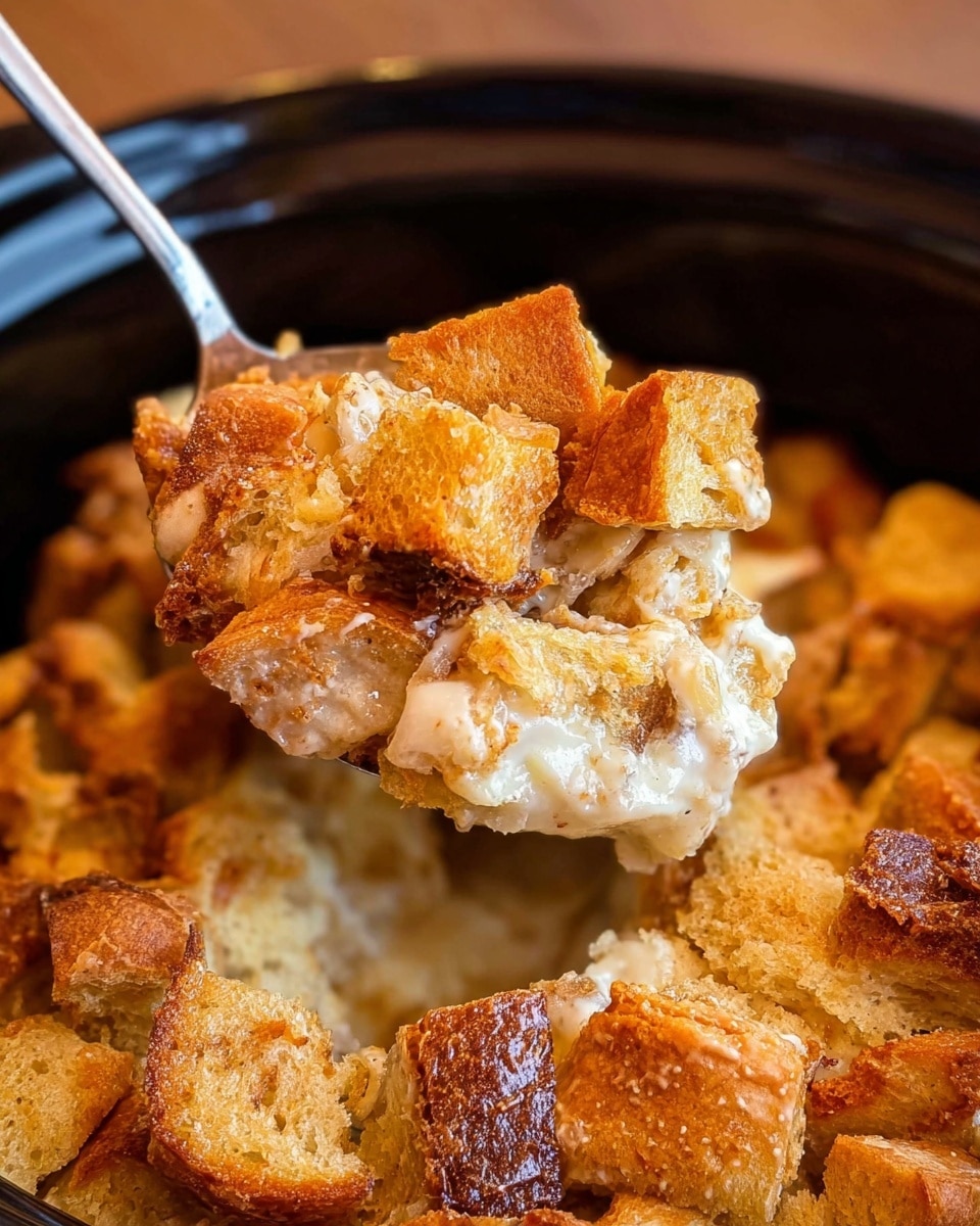 The image shows a close-up of a dish in a black pot with a large silver spoon lifting a portion of it. The dish has three clear layers: the top layer consists of golden-brown toasted bread cubes, with a crisp and slightly rough texture. The middle layer is creamy and white, likely a custard or soaked bread base, smooth in texture. The bottom layer appears softer and more saturated with the creamy mixture, showing a mix of light brown and white with a spongy texture. The bread cubes are irregular in shape, contrasting with the soft and moist lower layers. photo taken with an iphone --ar 4:5 --v 7