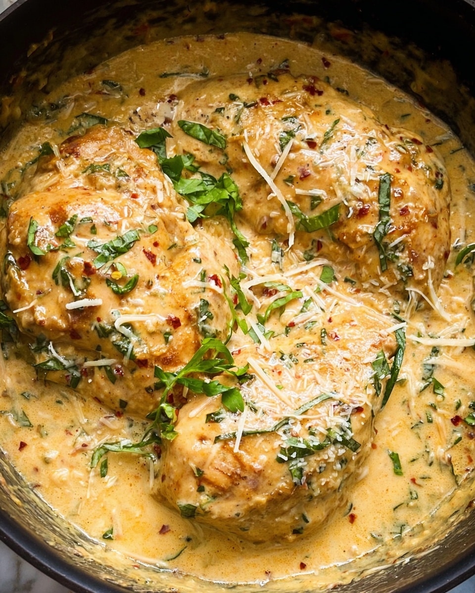 The image shows two large, golden-brown chicken pieces covered in a creamy, light yellow sauce with specks of red and green herbs spread throughout. Fresh chopped green herbs are sprinkled on top, along with finely grated white cheese. The dish is inside a black pan, sitting on a white marbled surface. The sauce looks thick and smooth, enveloping the chicken pieces fully, giving a rich texture and color contrast between the chicken and the sauce photo taken with an iphone --ar 4:5 --v 7