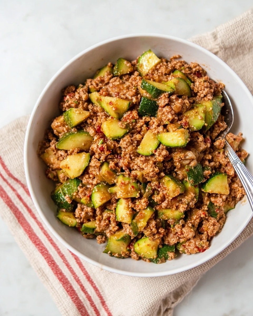 A round white bowl filled with a mix of cooked ground meat and chopped green zucchini pieces. The ground meat is light brown with small reddish bits mixed throughout, making it look textured and crumbly. The zucchini pieces are medium-sized chunks with a soft green color, sitting evenly spread on top and inside the meat layer. A silver spoon rests inside the bowl on the right, slightly buried in the food. The bowl is placed on a soft beige cloth with red stripes, all set on a white marbled surface. Photo taken with an iphone --ar 4:5 --v 7