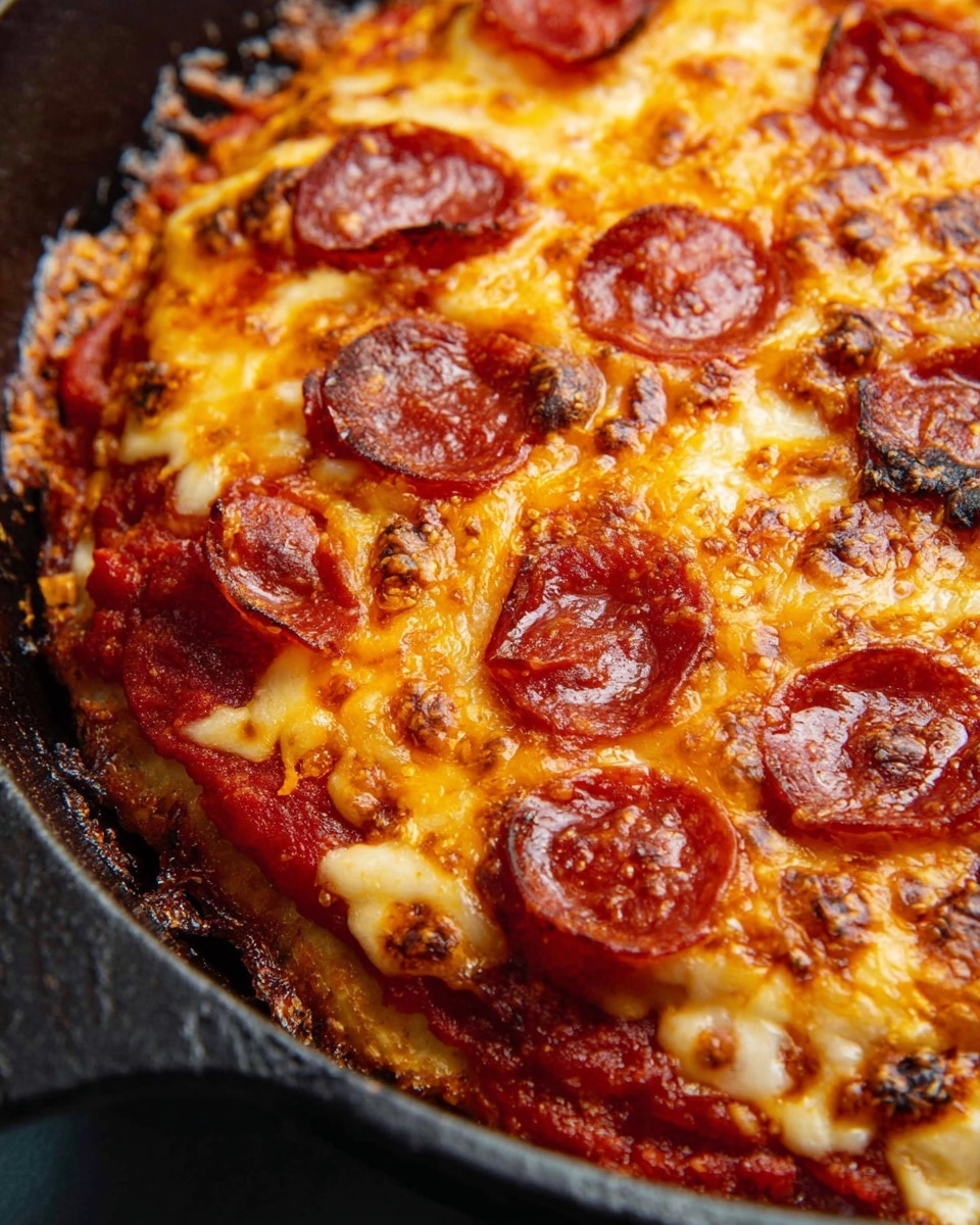 A close-up view of a pepperoni pizza in a black cast iron skillet, showing a thick layer of melted cheese that is golden and bubbly with some darker toasted spots. Below the cheese layer is a rich red tomato sauce, and on top are multiple thin pepperoni slices that are slightly curled and crisped at the edges, with some browned areas. The crust edge is slightly visible, showing a cooked golden-brown texture. The whole pizza has a hot, fresh, and savory look. Photo taken with an iphone --ar 4:5 --v 7