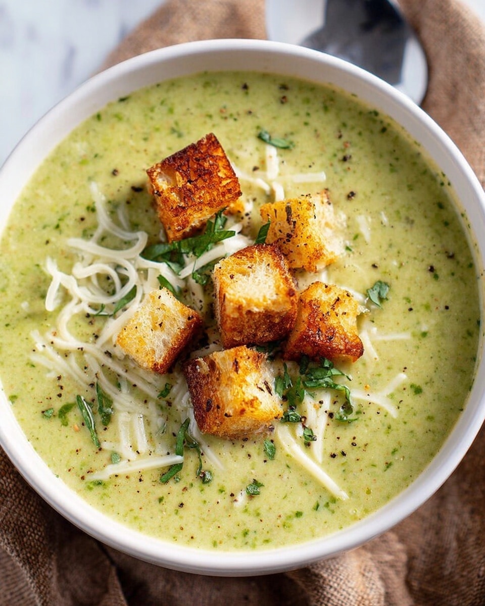 A white bowl on a white marbled surface holds a creamy green soup with small bits of herbs mixed inside. On top, there are several golden brown, crispy croutons scattered across the soup. Underneath the croutons, a few thin white cheese shreds are visible, and chopped green herbs are sprinkled over everything. The bowl sits next to a brown textured cloth, and a blurry silver spoon is visible nearby. The soup looks thick and smooth, with specks of black pepper on top. photo taken with an iphone --ar 4:5 --v 7