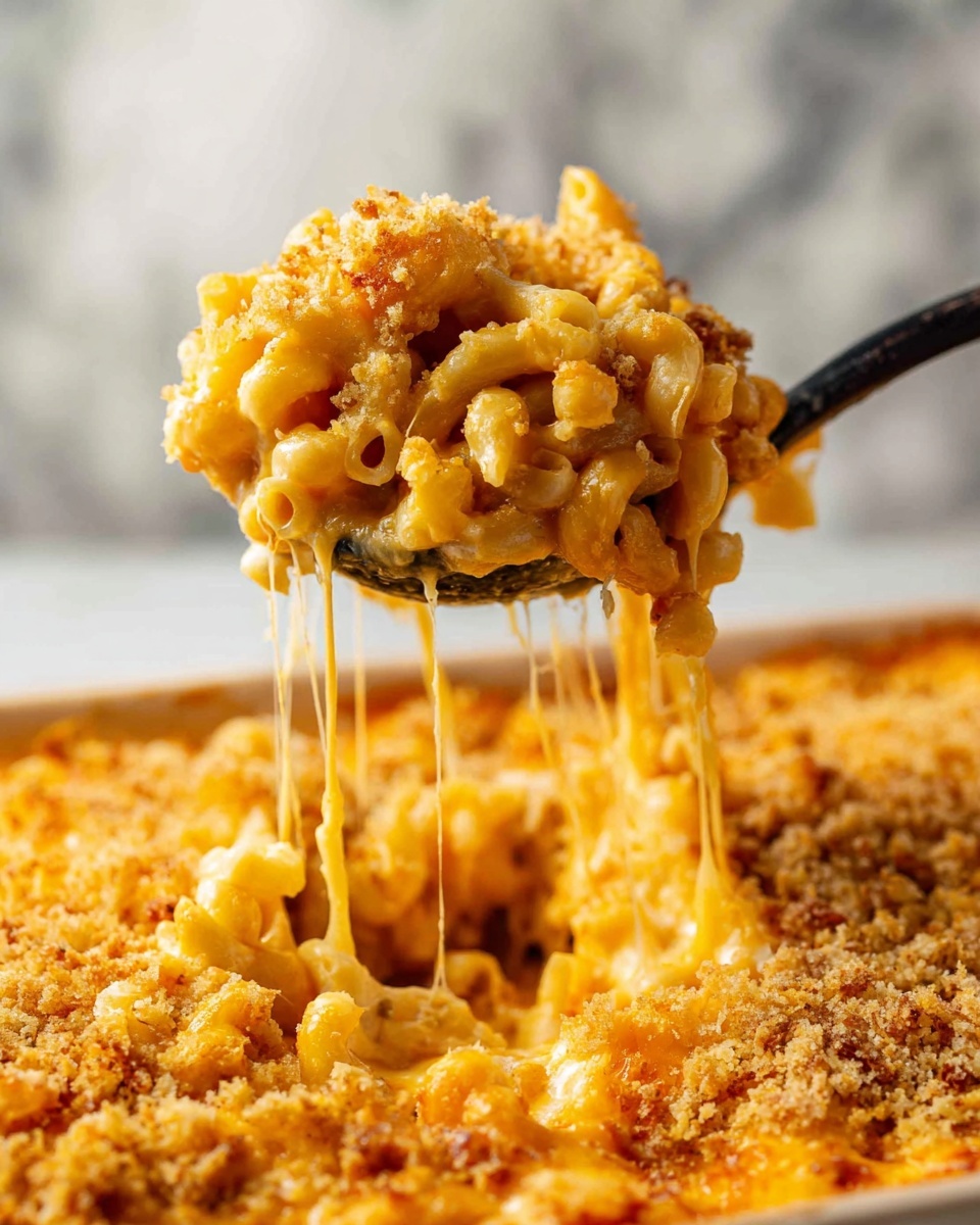 The image shows a close-up of a scoop of macaroni and cheese being lifted with a black spoon. The macaroni is coated in creamy, melted orange-yellow cheese with visible gooey cheese strands stretching down from the spoon. The top layer has a crumbly, golden-brown breadcrumb crust adding texture and color contrast. The dish sits on a blurry white marbled surface background. Photo taken with an iphone --ar 4:5 --v 7