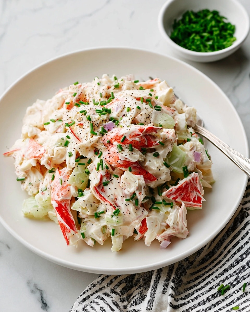 A white deep plate filled with a creamy crab salad showing about three layers visually: the main layer has white and red crab pieces with soft, flaky texture; mixed with small pale green celery chunks adding a crunchy look; topped with finely chopped bright green chives and small pieces of light purple onion sprinkled all over for color contrast, with a sprinkle of black ground pepper; there is a silver fork placed inside on the right side of the plate; the plate is set on a white marbled surface with a small white bowl of chopped chives partially visible at the top right corner and a striped cloth napkin at the bottom left corner, photo taken with an iphone --ar 4:5 --v 7