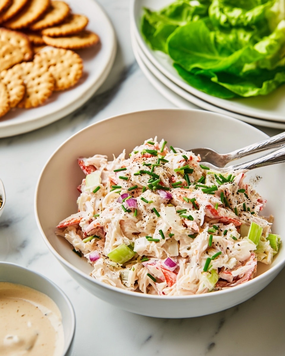 A white bowl filled with a crab salad showing several layers: white and pink crab meat mixed with light green celery pieces and small purple onion bits, all tossed in a creamy light beige dressing with a sprinkle of chopped green chives and black pepper on top; a fork rests inside the bowl. In the background, there is a white bowl with a creamy light beige sauce and a spoon inside it, and a white plate with several golden brown crackers next to bright green lettuce leaves, all set on a white marbled surface. photo taken with an iphone --ar 4:5 --v 7