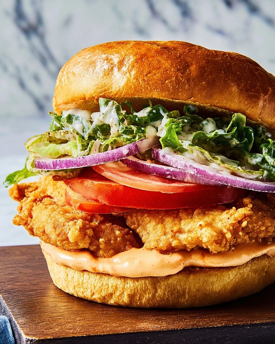 A close-up view of a sandwich with five layers, starting from the bottom with a soft, golden bun spread thickly with light orange creamy sauce, followed by a crispy golden fried chicken fillet. Above the chicken, there is a fresh red tomato slice and thin rings of purple onion. On top, large green lettuce leaves coated with a creamy dressing add texture, all held together by a shiny, soft golden bun on top. The sandwich sits on a dark wooden board against a white marbled background. Photo taken with an iphone --ar 4:5 --v 7