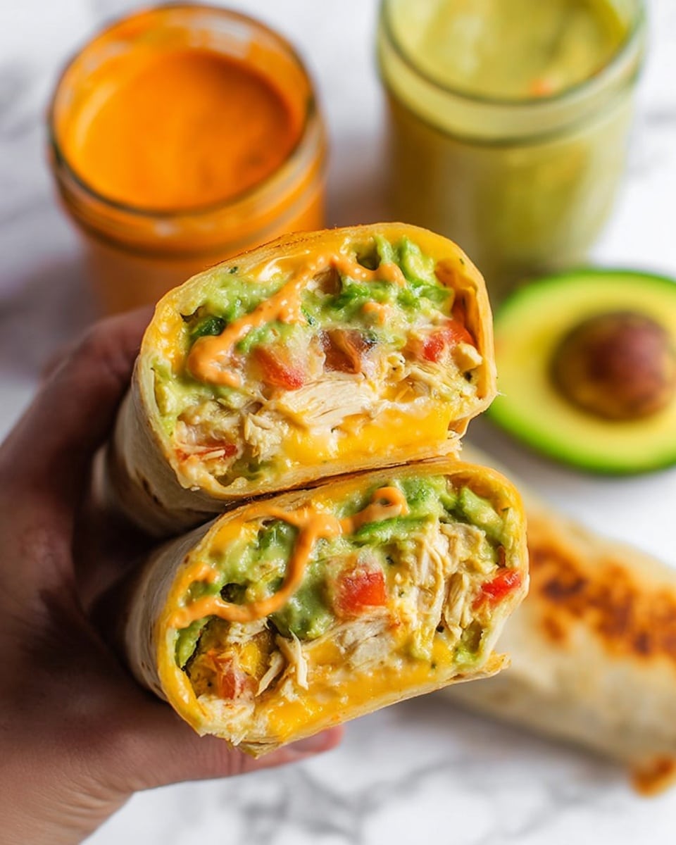 Two halves of a grilled burrito are stacked on a white plate. The outer layer is a golden-brown toasted tortilla with some darker spots showing the grill marks. Inside, there are soft layers of light orange melted cheese and creamy green avocado slices. Mixed within the avocado are bits of shredded light-colored chicken and small pieces of red tomato. The filling is coated with a light orange creamy sauce that has specks of green, adding a smooth texture. The background is a white marbled surface with blurred jars of sauces in green and orange hues visible behind the burrito. Photo taken with an iphone --ar 4:5 --v 7