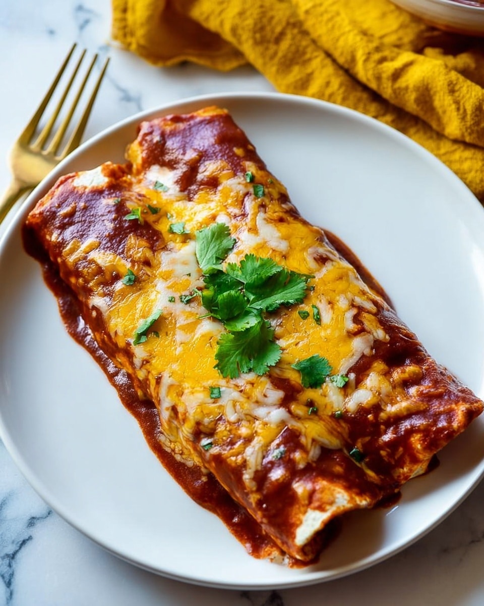 The image shows two enchiladas on a white oval plate with a white marbled surface background. The enchiladas are covered with a thick red sauce, topped with melted yellow and white cheese that has a slightly stringy texture. There are a few fresh green cilantro leaves placed on top, adding color contrast. One enchilada has a bite taken out of it, revealing a moist inside with a creamy light brown filling. A woman’s hand is holding a fork that lifts a piece of the bitten enchilada. The photo taken with an iphone --ar 4:5 --v 7