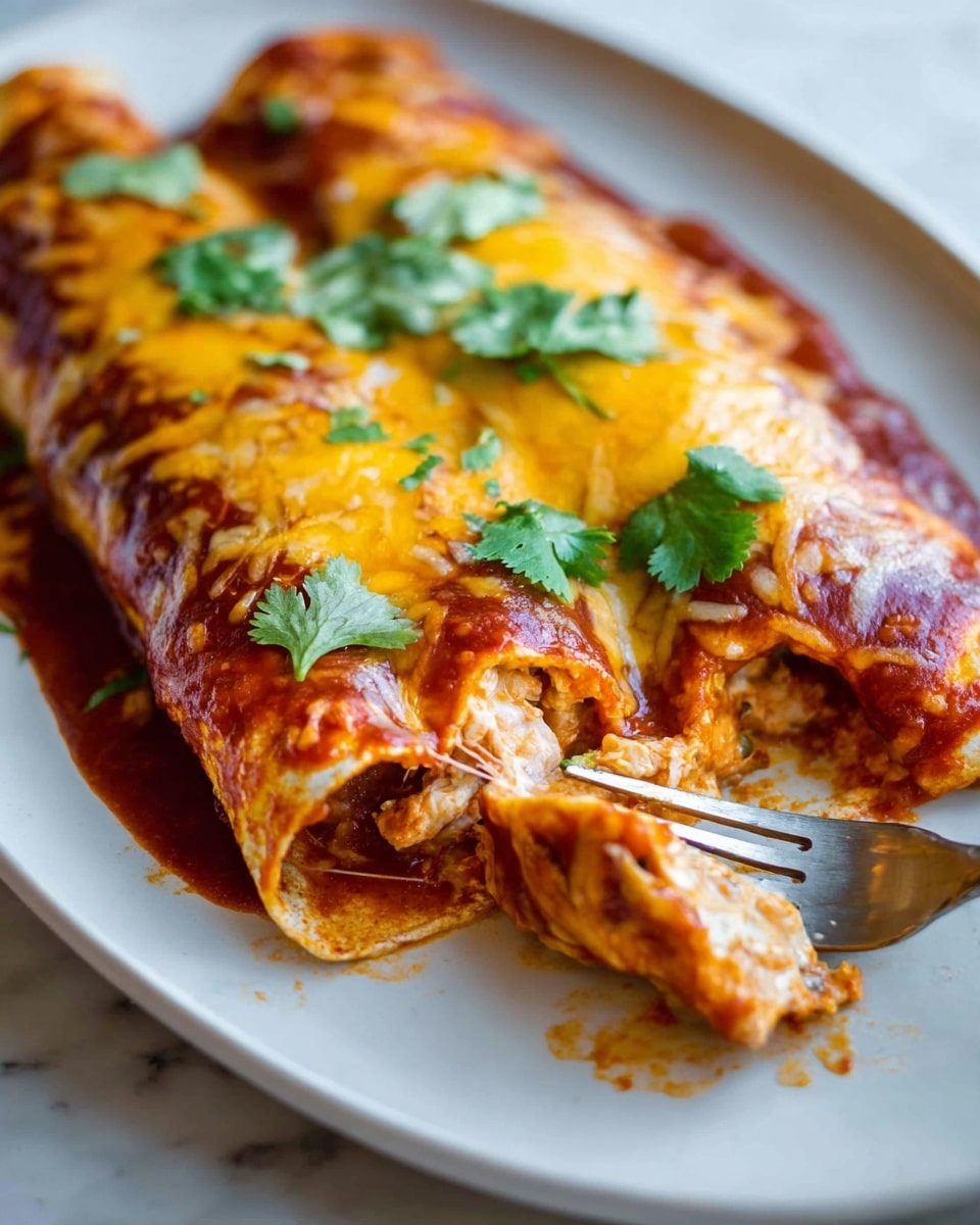 Two rolled enchiladas covered in a thick, shiny red sauce lay side by side on a white plate. The top layer has melted yellow and white cheese with slightly browned spots and small green herbs sprinkled in. A few fresh green cilantro leaves rest on top in the center. The plate sits on a white marbled surface, next to a folded yellow cloth and a gold fork. photo taken with an iphone --ar 4:5 --v 7