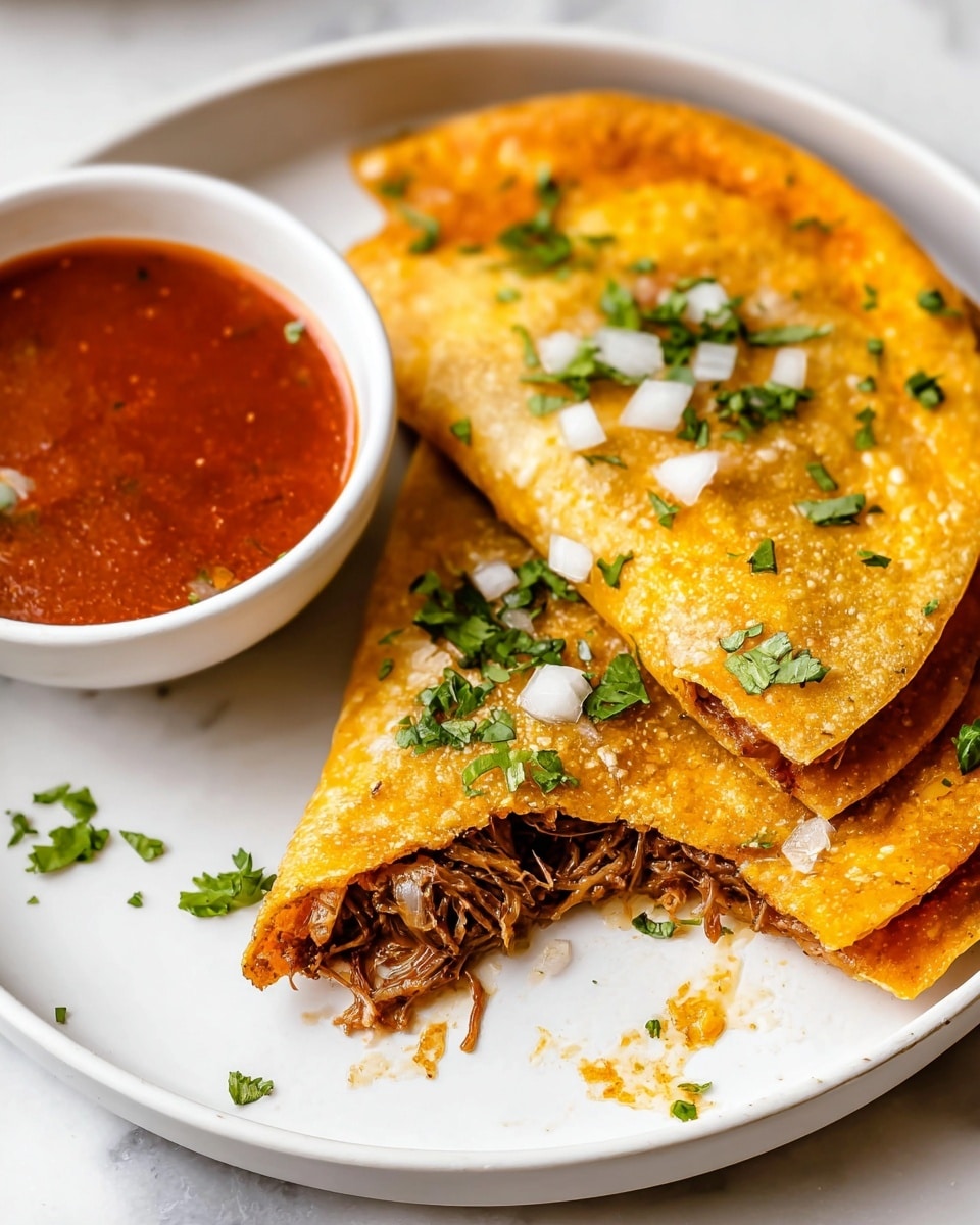 Two golden-brown folded tacos with a crispy texture sit on a white plate, each taco sprinkled with small pieces of fresh green cilantro and finely chopped white onions. One taco is partially broken open, showing a shredded brown meat filling inside. Next to the tacos is a small white bowl filled with red salsa, its surface smooth with some visible bits. The plate rests on a white marbled surface. Photo taken with an iphone --ar 4:5 --v 7