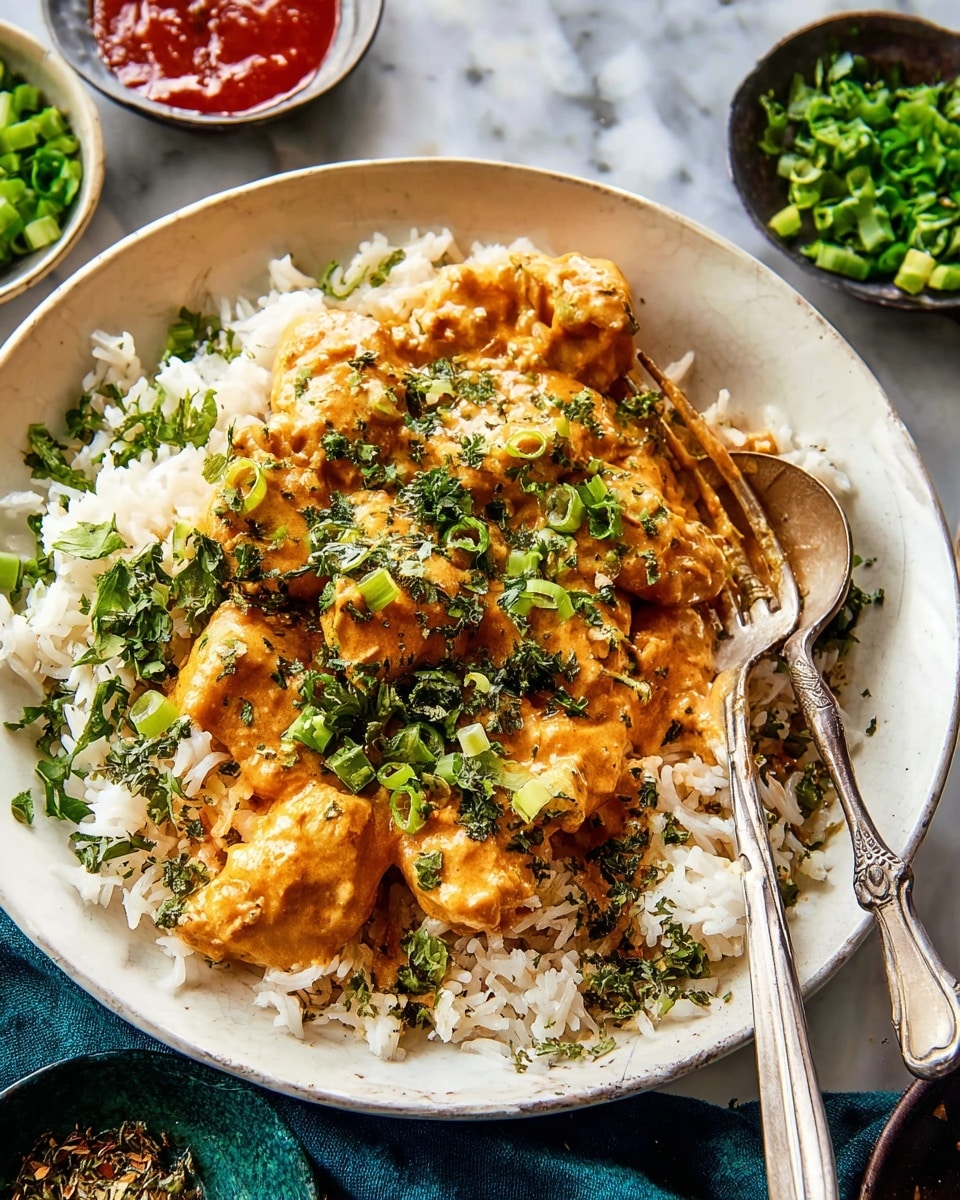 A dish in a white plate shows three layers: the bottom is white rice, the middle layer is golden-brown chicken pieces covered with creamy orange sauce, and the top layer is sprinkled with chopped green onions and fresh green herbs. A fork and a spoon rest on the right side of the plate, partly on the rice and chicken. The background is a white marbled surface with small bowls of red sauce and extra chopped green herbs nearby. Photo taken with an iphone --ar 4:5 --v 7