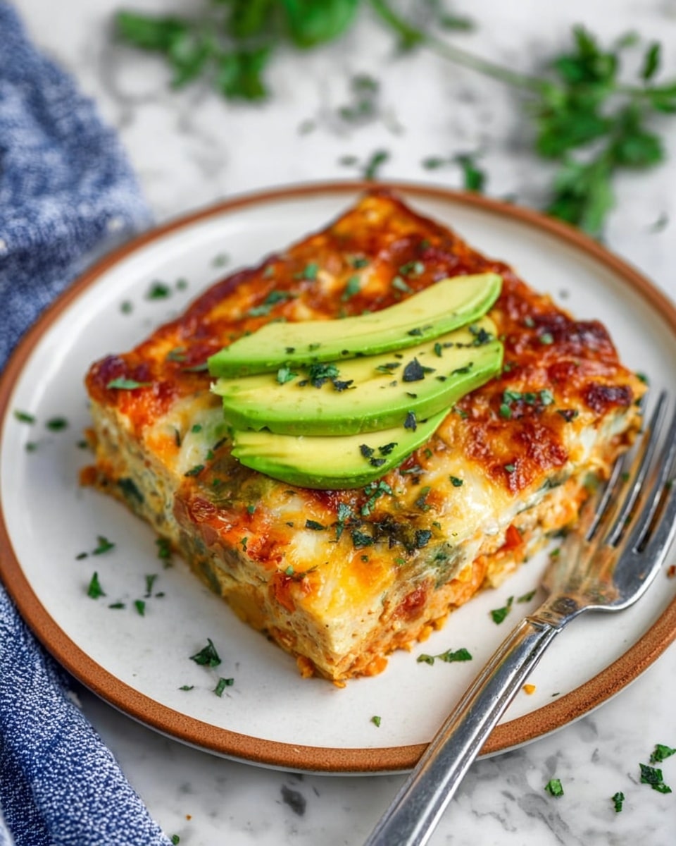 A rectangular slice of a baked dish with a golden-brown, slightly crispy top layer showing melted cheese and bits of green herbs and vegetables, sitting in the middle of a white plate with a thin brown edge. On top of the slice are three thin slices of bright green avocado arranged in a fan shape, sprinkled with chopped fresh herbs. The plate rests on a white marbled surface, with scattered green herbs around it. To the right of the plate is a silver fork, and part of a light blue baking dish with more of the baked dish is visible at the top left corner. A folded blue and white cloth is seen near the bottom left corner. photo taken with an iphone --ar 4:5 --v 7
