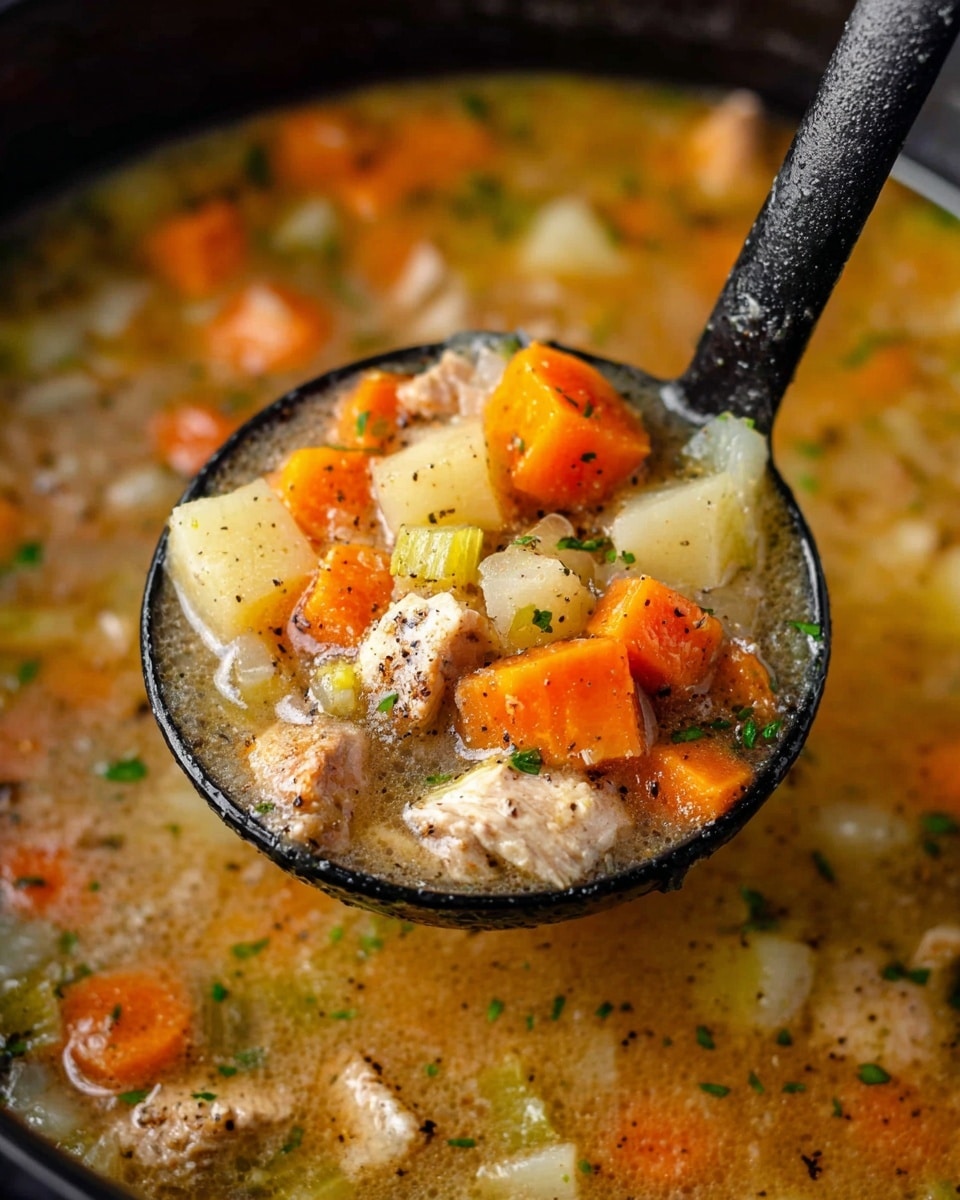 A ladle filled with warm chicken soup shows several layers: a rich golden broth with small specks of herbs, bright orange carrot slices, light green celery pieces, soft white potato chunks, and tender light brown chicken pieces. The soup itself is inside a black pot, and the background is a white marbled texture. The ingredients look fresh, with bits of green parsley sprinkled on top and a slight sheen on the broth. photo taken with an iphone --ar 4:5 --v 7
