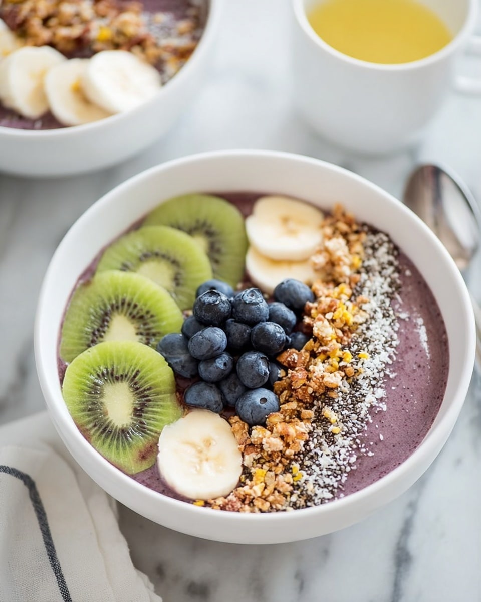 A white bowl filled with a smooth purple smoothie base, topped with three layers from left to right: thin green kiwi slices with a textured skin, round white banana slices with a soft texture, and a mix of golden granola and tiny black chia seeds sprinkled over the fruit. Near the center, a small cluster of plump, shiny blueberries sits on top. The bowl rests on a white marbled surface, with part of a spoon and a small white cup of light yellow liquid visible nearby. Photo taken with an iphone --ar 4:5 --v 7