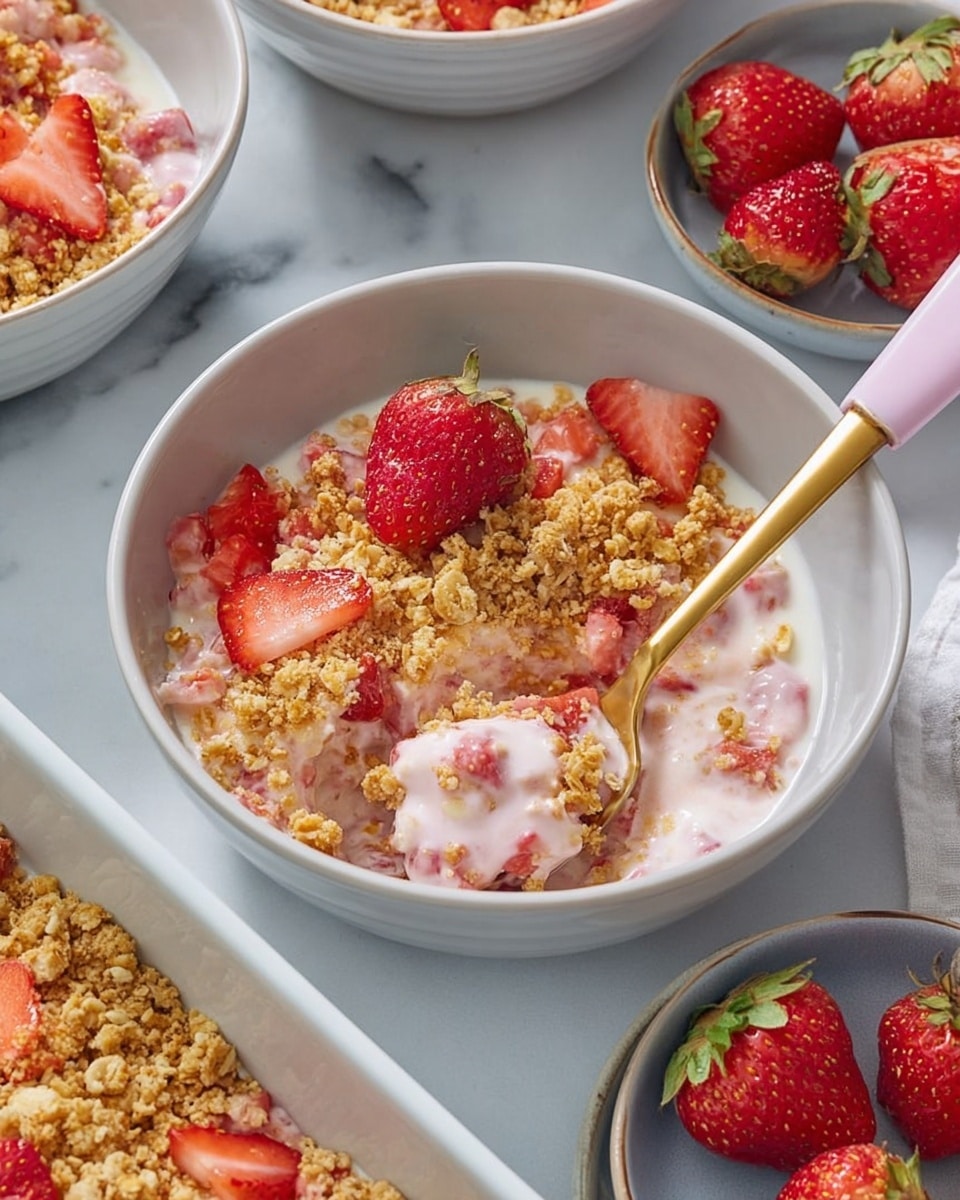 A white bowl filled with three layers: a bottom layer of creamy yogurt, a middle layer of mixed strawberry pieces and light pink creamy mixture, and a top layer of golden oat crumble with a rough texture. Fresh red strawberries, some whole and some sliced, sit on top and around the bowl. A gold spoon with a pink handle rests inside the bowl, partially scooping the mixture. The bowl is placed on a white marbled surface and is surrounded by more bowls with similar contents and fresh strawberries. photo taken with an iphone --ar 4:5 --v 7