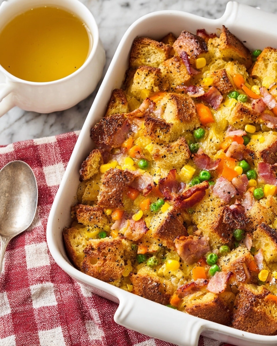 The dish is a baked casserole in a white ceramic baking dish filled with layers of toasted bread pieces that are golden brown with some darker crusty edges, mixed throughout with small bright green peas, orange carrot cubes, yellow corn kernels, and bits of cooked bacon showing a pink and slightly crispy texture. The texture looks soft and moist in some areas with a golden crispy top, sprinkled lightly with black pepper. The casserole sits on a white marbled surface with a red and white checkered cloth underneath part of the dish. Next to it, there is a white cup filled with clear yellow broth with a tarnished silver spoon resting on the cup's edge. photo taken with an iphone --ar 4:5 --v 7