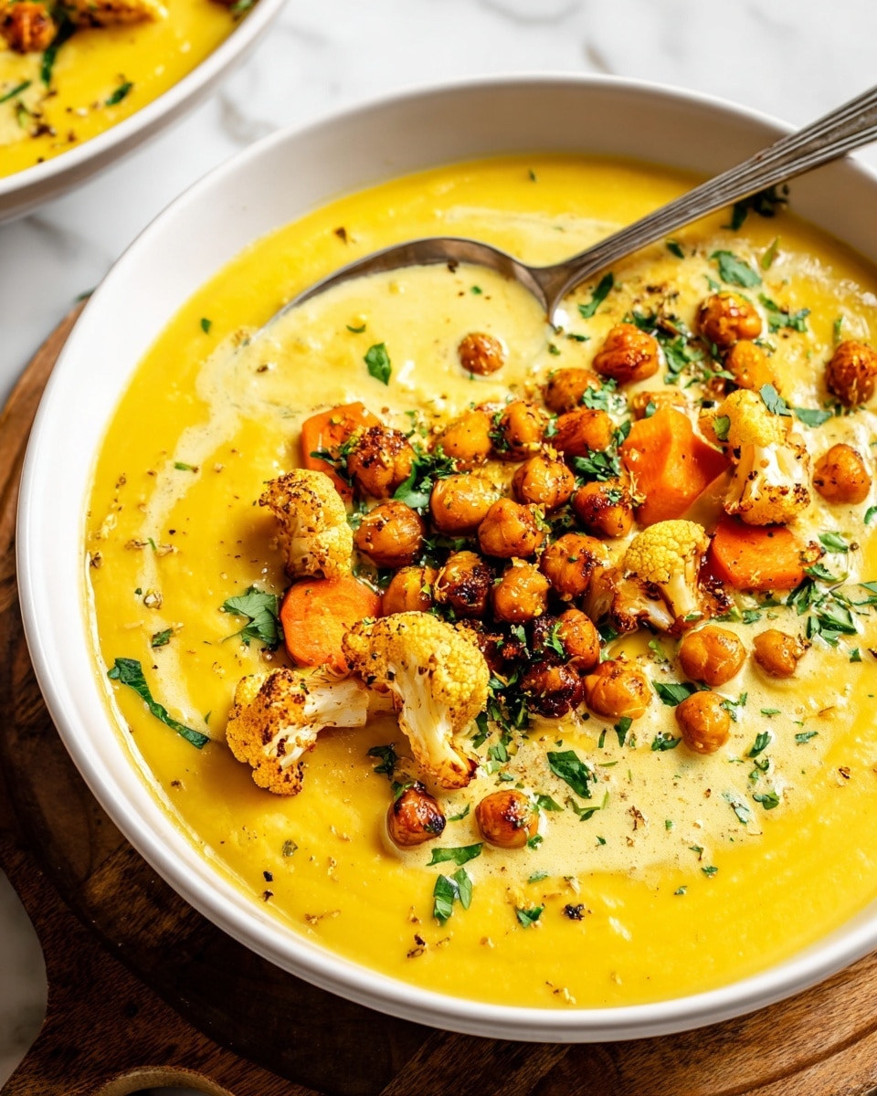 A white bowl filled with thick, creamy bright yellow soup, showing visible pieces of cooked orange carrot rounds, light golden chickpeas, and soft cauliflower florets. The soup is sprinkled with fresh green chopped herbs and a few cracks of black pepper. A shiny gold spoon rests inside the bowl on the left side. The bowl sits on a round wooden board, with a small wooden bowl of lemon wedges nearby on a white marbled surface. A striped cloth napkin is seen on the right edge. Photo taken with an iphone --ar 4:5 --v 7