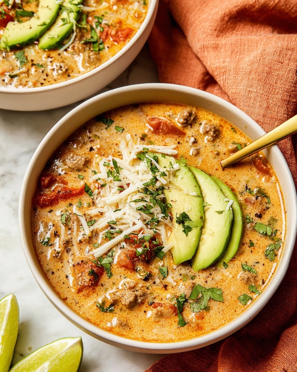 Two white bowls are filled with a creamy orange soup that has visible chunks of ground meat and small pieces of red tomato, topped with slices of green avocado and sprinkled with shredded white cheese and chopped green herbs. Each bowl has a wedge of lime resting on top. Golden spoons are partially submerged in the soup. To the side, there are smaller white bowls, one holding lime wedges and the other with avocado slices. A white plate with fresh green cilantro sits nearby on a white marbled surface. A folded orange cloth napkin is placed under the top bowl. Photo taken with an iphone --ar 4:5 --v 7