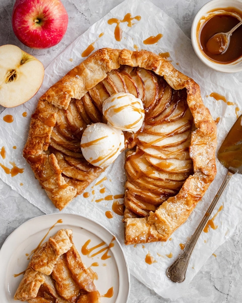 A round galette with one large slice removed, showing thinly sliced golden brown apples arranged in a layered circular pattern inside a thick, golden, flaky crust folded over the edges; on top are two scoops of white ice cream drizzled with light brown caramel sauce that also drips onto the crust and parchment paper below; a white bowl with caramel sauce and a silver serving spatula sit nearby on a white marbled surface, with a whole red apple and a halved apple in the upper left corner, and a white plate holding one slice of galette with caramel drizzle in the lower left corner photo taken with an iphone --ar 4:5 --v 7