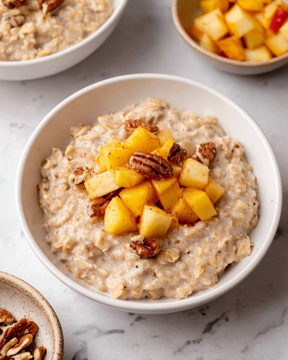 A white bowl filled with a thick layer of creamy oatmeal that has a light beige color and soft, chunky texture. On top of the oatmeal is a smaller layer of diced cooked apples showing yellow and light orange tones with a slightly glossy look. Scattered among the apples are a few pieces of broken pecans, brown and textured, adding contrast. The bowl sits on a white marbled surface, with another bowl of oatmeal and a small bowl of cooked apples in the background. Photo taken with an iphone --ar 4:5 --v 7