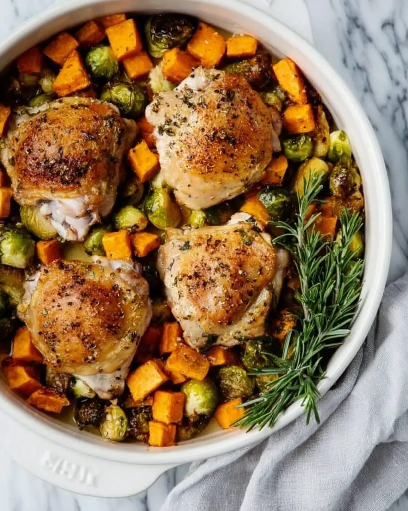 Baked Chicken Thighs with Brussels Sprouts and Sweet Potatoes Recipe