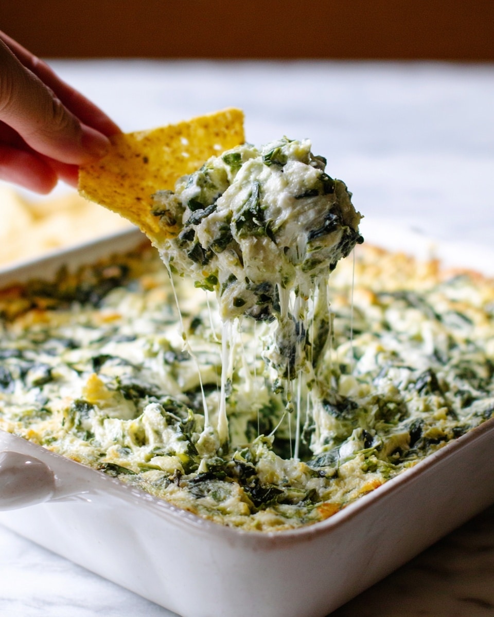 A white square dish filled with a creamy mixture of chopped green leafy vegetables and melted white cheese, showing stretched cheese strands as a yellow tortilla chip lifts a scoop from the dish. The mixture has a rough texture with visible bits of leafy greens and a creamy base inside the dish. The scene is set on a white marbled surface with soft natural light highlighting the creamy layers and green bits, and a woman's hand holding the chip. Photo taken with an iphone --ar 4:5 --v 7