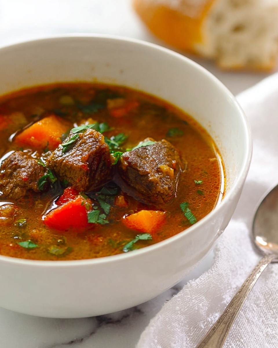 A white bowl filled with hearty beef stew showing layers of rich brown broth with visible chunks of orange carrots, red peppers, and tender brown beef pieces topped with small green parsley leaves. The bowl sits on a white marbled surface next to a white cloth and a silver spoon, with a piece of bread blurred in the background. Photo taken with an iphone --ar 4:5 --v 7