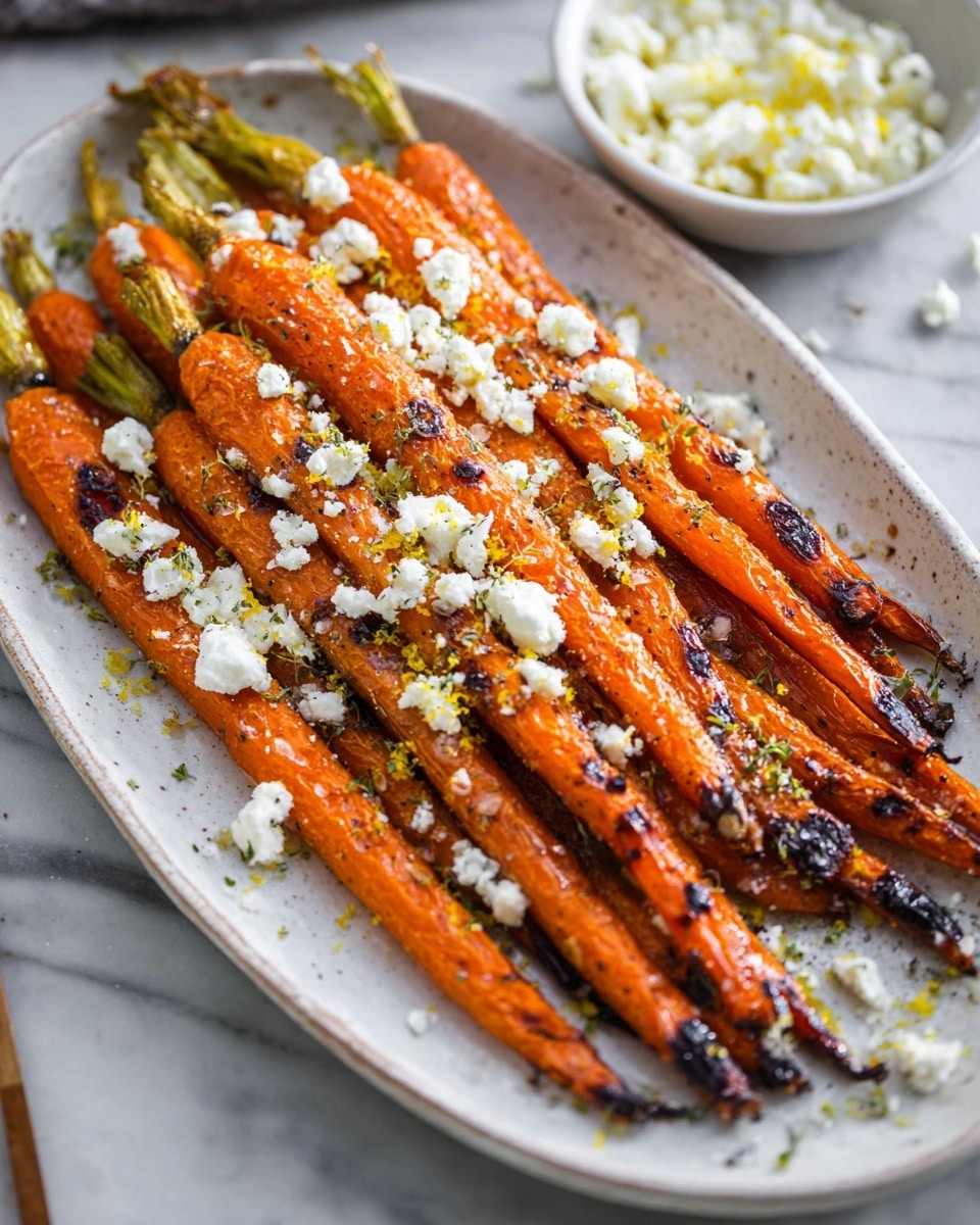 A white speckled oval plate piled high with roasted whole carrots, each carrot bright orange with dark roasted spots and green tops at one end. They are arranged diagonally, overlapping slightly, with crumbled white cheese and small bits of yellow zest sprinkled evenly on top. In the blurred background, there is a small white bowl filled with more crumbled cheese on a white marbled surface. Photo taken with an iphone --ar 4:5 --v 7